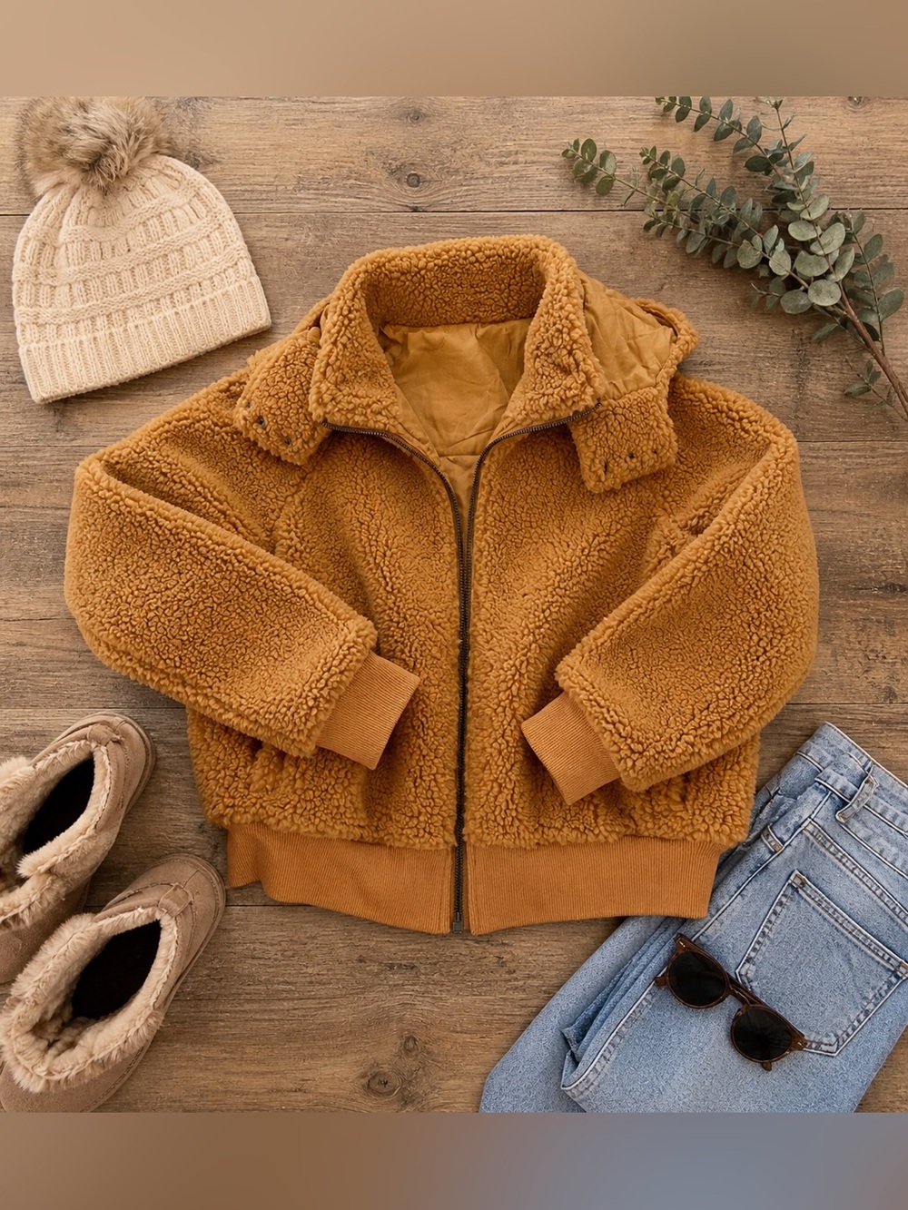 Saltwater Luxe Sherpa Teddy Jacket Camel Brown Hooded Zip Up Coat Size S NWT